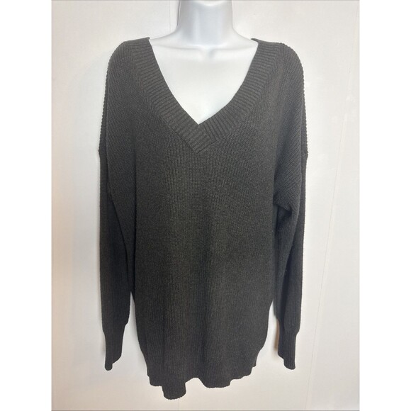 Victoria’s Secret PINK Womens Deep V-Neck Charcoal Sweater Oversized Slouchy - Picture 1 of 11